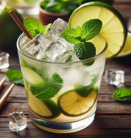 Caipirinha con lima y hielo en un vaso.